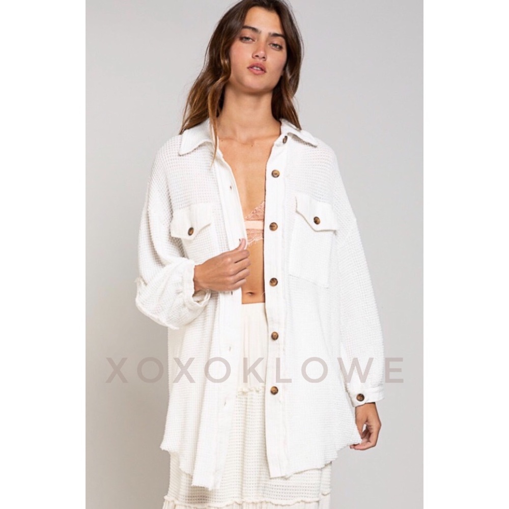 POL White Waffle Knit Long Oversized Button Front Shirt